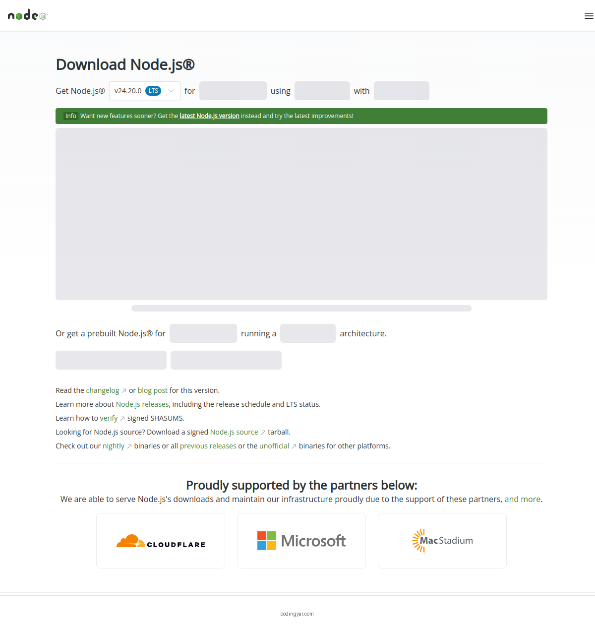 صفحه دانلود Node.js — انتخاب نسخه LTS
